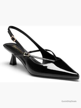 Patent Vegan Leather Kitten Heel Slingback Pumps with Latex Insole Arch Support